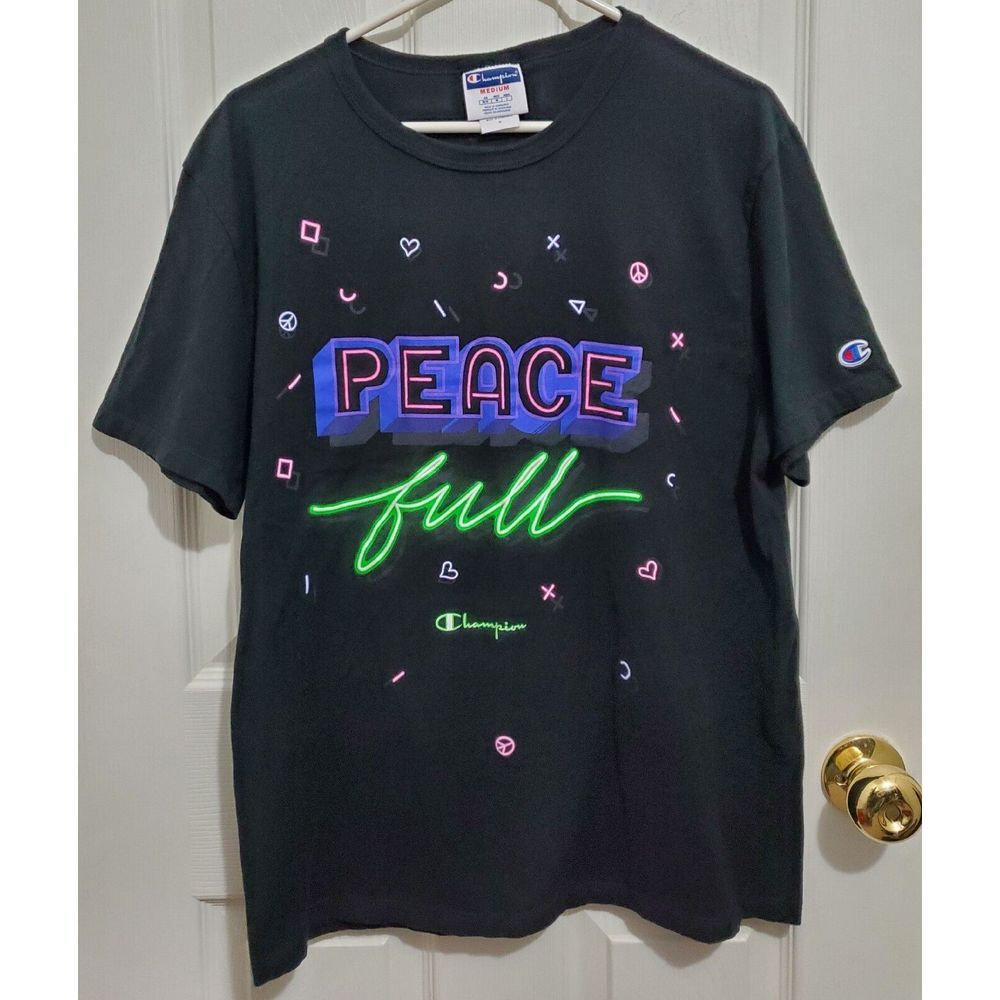 Champion Men's T Shirt Peace Full Graffiti Adam Fu Black Neon Peace Heart Medium
